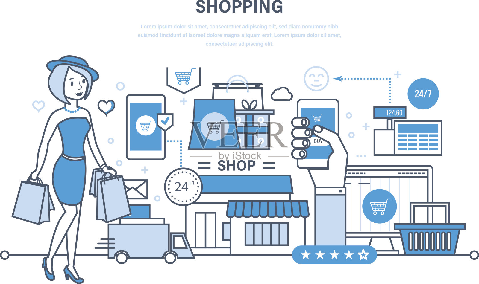 現代購物、網上訂購產品系統,安全支付、送貨插畫圖片素材